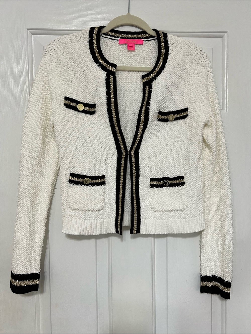 Lilly pulitzer cream bouclé cardigan with gold and black trim size S - Picture 3 of 9